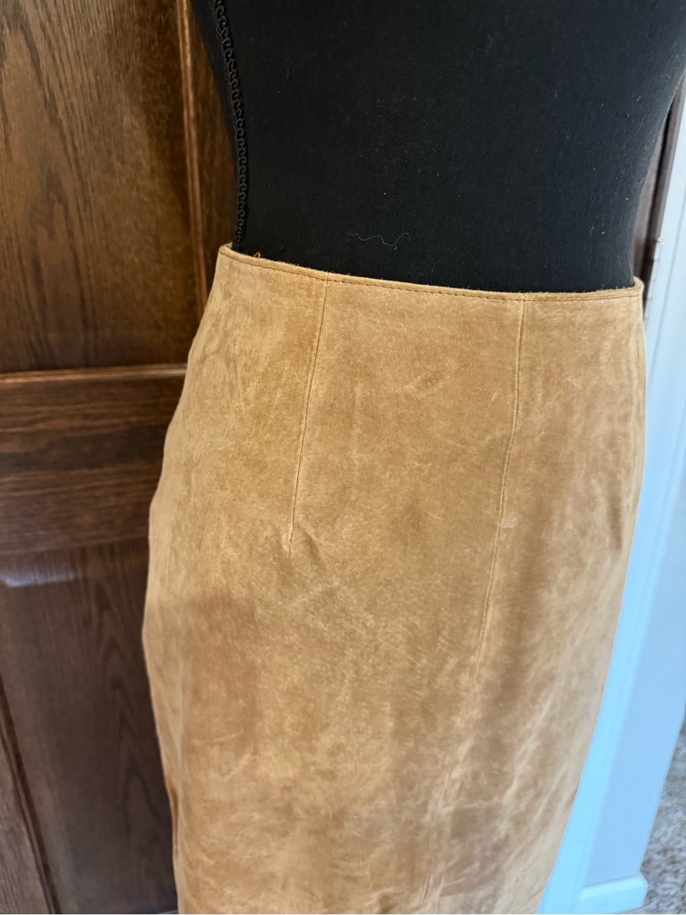 Vintage 90s 100% Genuine Suede Leather Maxi Skirt Camel Tan Long Column Size 4 - Picture 2 of 14